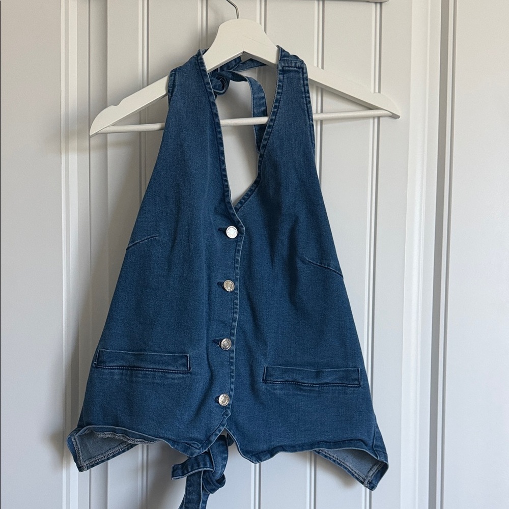 Denim Halter Top with Button Front adjustable size open back